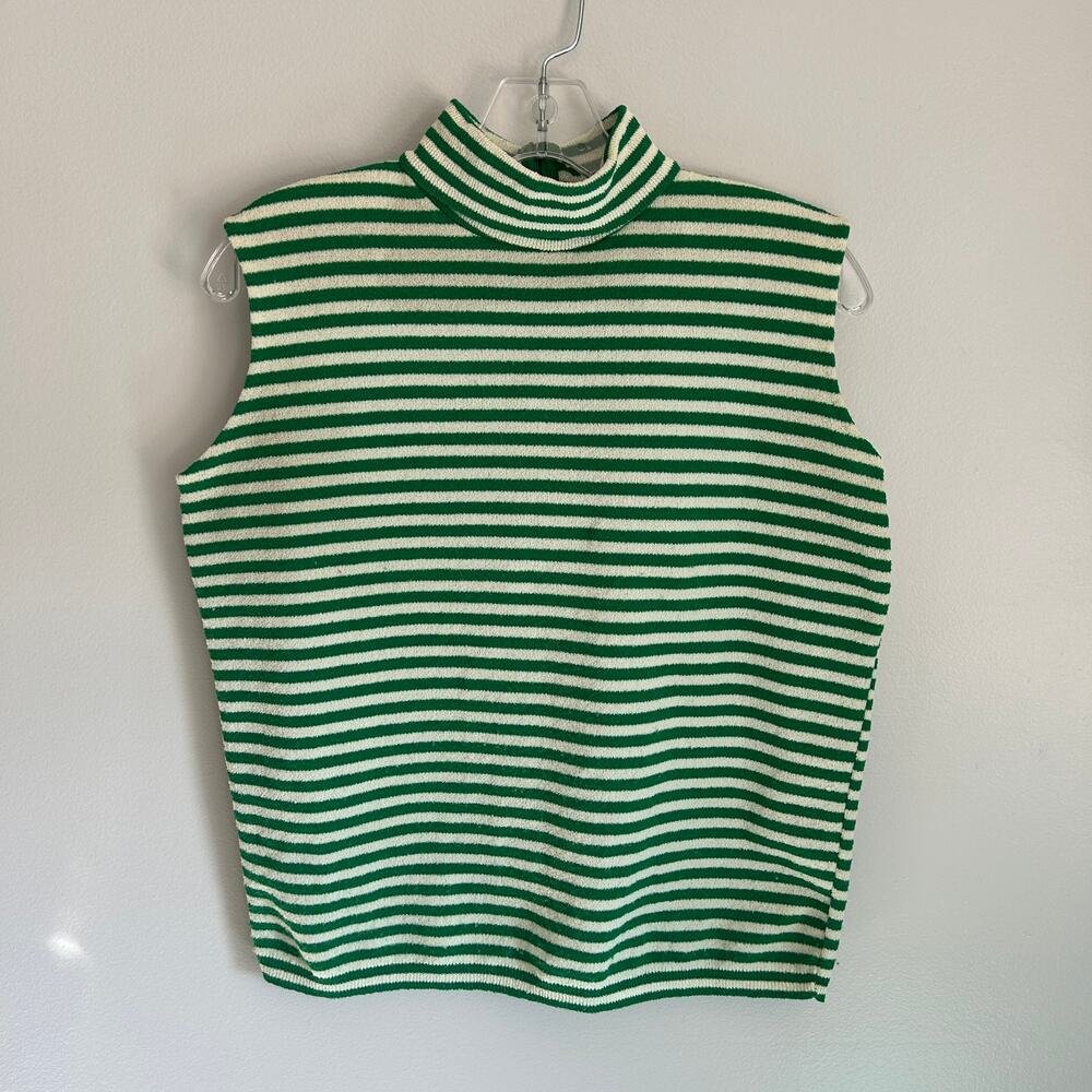 Vintage Devon Green White Stripes Foldover Turtleneck Sleeveless Sweater Medium